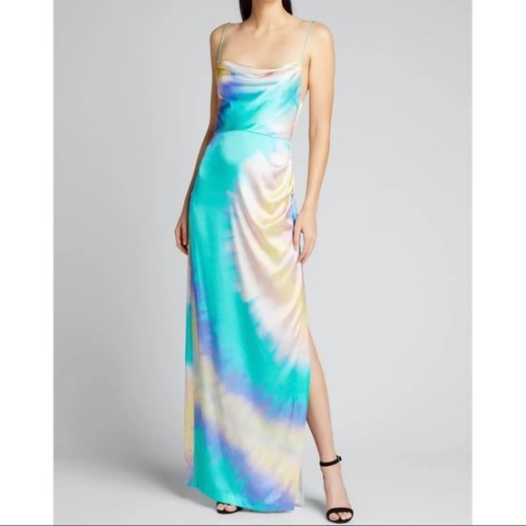 Retrofete Dresses & Skirts - Retrofete Marlene Ombre Tie Dye Cowl Neck High Slit Silk Ruched Maxi Dress L